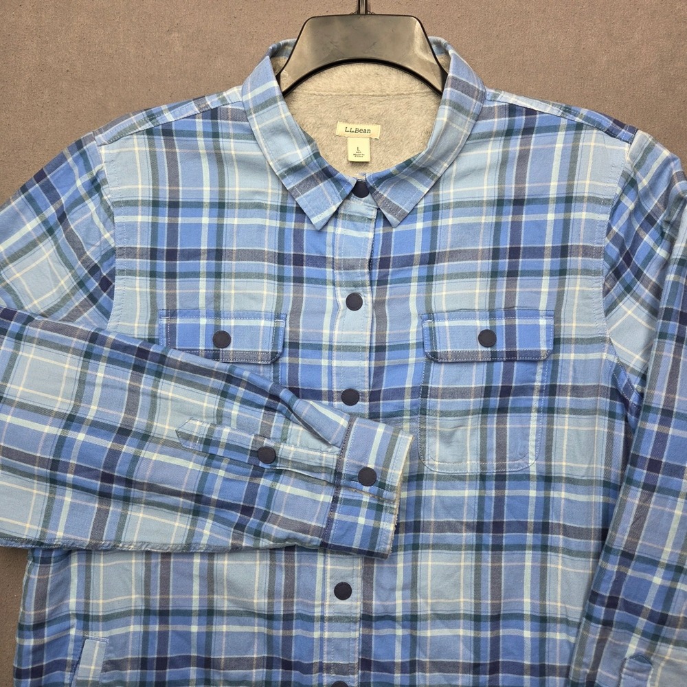 LL Bean Fleece Lined Flannel Shirt Jacket Blue Plaid Mens Large 505597